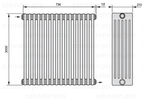 Схема (чертеж) Радиатор Zehnder Charleston 6300/16 №1670 Белый глянцевый RAL 9016